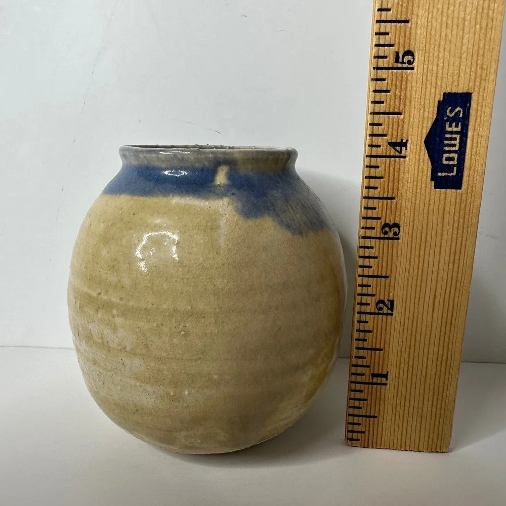Becky Clonce Vance Studio Pottery Vase Signed '85 Blue Tan Drip Glaze Vintage 4